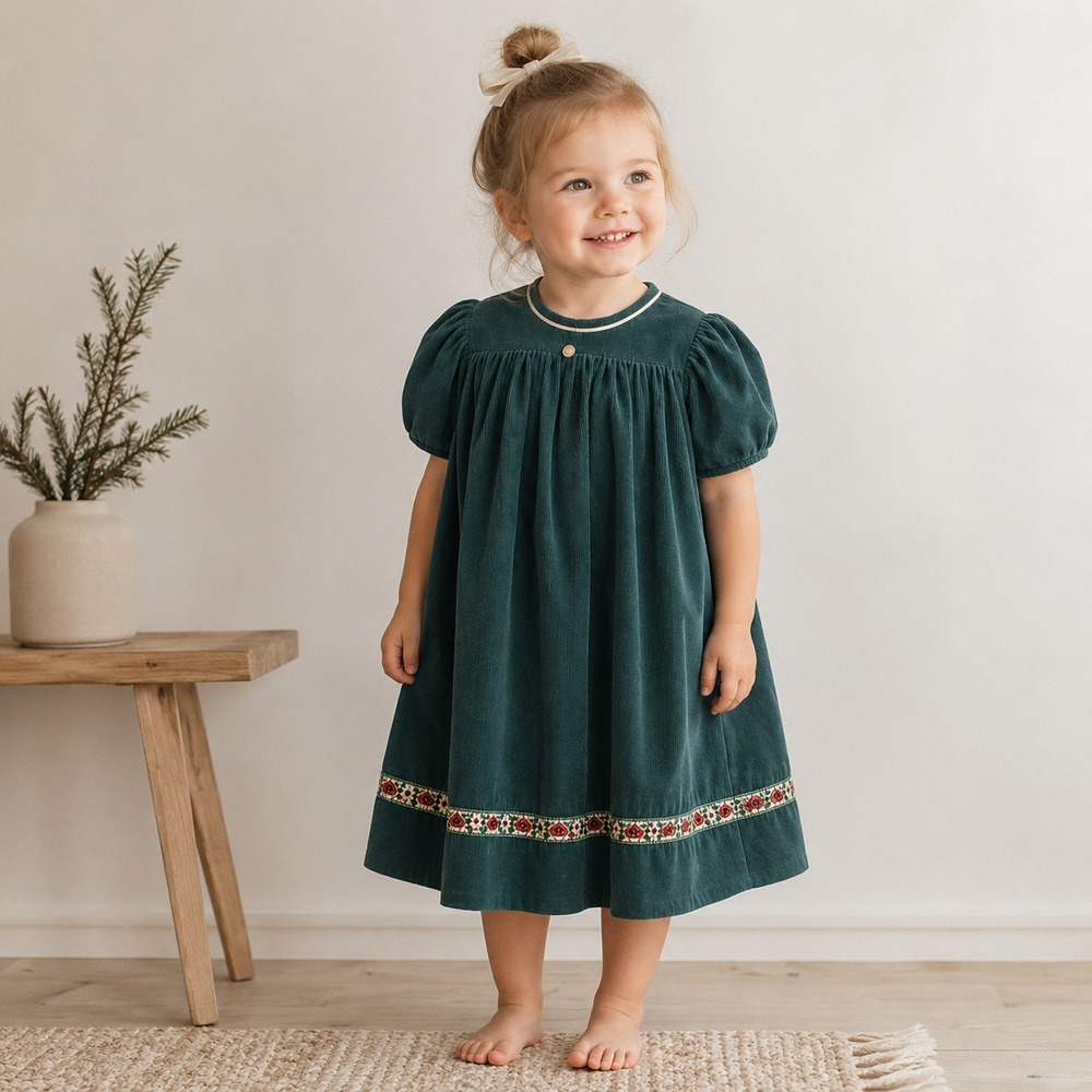 Vintage Strasburg Girls Smock Dress‎ Size 2T/3T Corduroy Embroidered Holiday